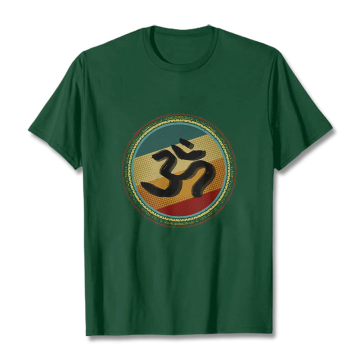 Buddha Stonesの鮮やかな色彩のシンプルな円形マンダラ柄オームシンボルTシャツコットンTシャツ - フォレストグリーン - 2XL - image 11