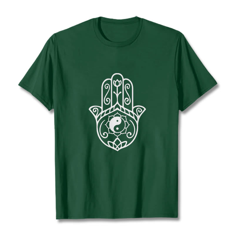 Buddha Stonesハムサハンド陰陽柄TシャツコットンTシャツ - フォレストグリーン - 2XL - image 1