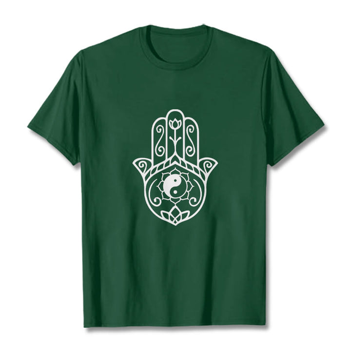 Buddha Stonesハムサハンド陰陽柄TシャツコットンTシャツ - フォレストグリーン - 2XL - image 1