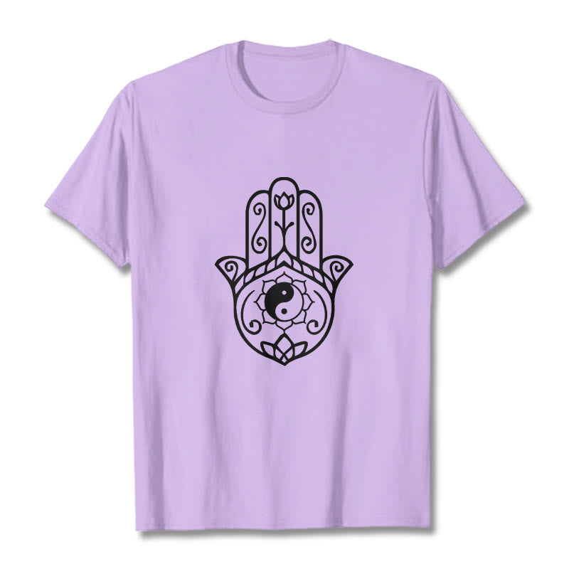 Buddha Stonesハムサハンド陰陽柄TシャツコットンTシャツ - 梅 - 2XL - image 17