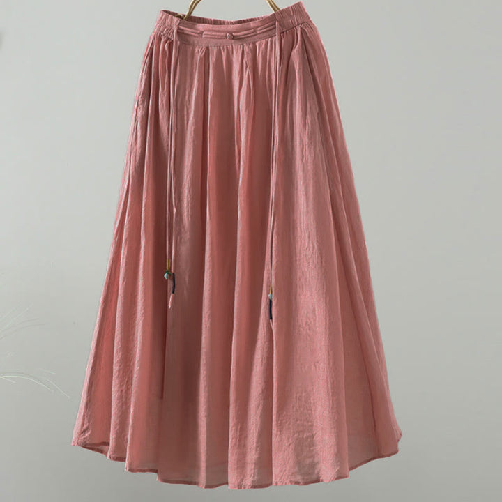 Buddha Stones夏 レトロ 純色 タッセルデザイン レディース スカート ポケット付き - 鮭 - US12、 UK/AU16、 EU44 (2XL) - image 11