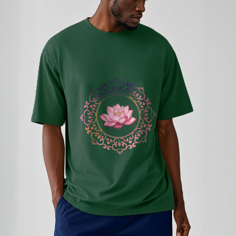 Buddha Stones曼荼羅ピンク蓮柄TシャツコットンTシャツ - image 11