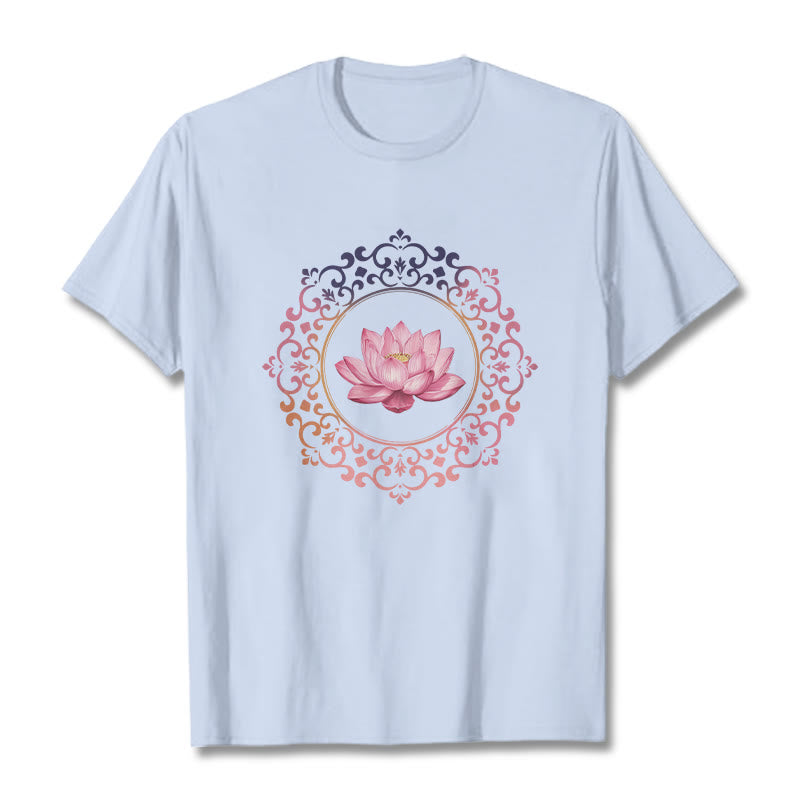 Buddha Stones曼荼羅ピンク蓮柄TシャツコットンTシャツ - ライトシアン - 2XL - image 18