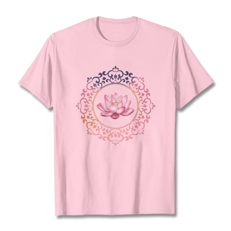 Buddha Stones曼荼羅ピンク蓮柄TシャツコットンTシャツ - ライトピンク - 2XL - image 12