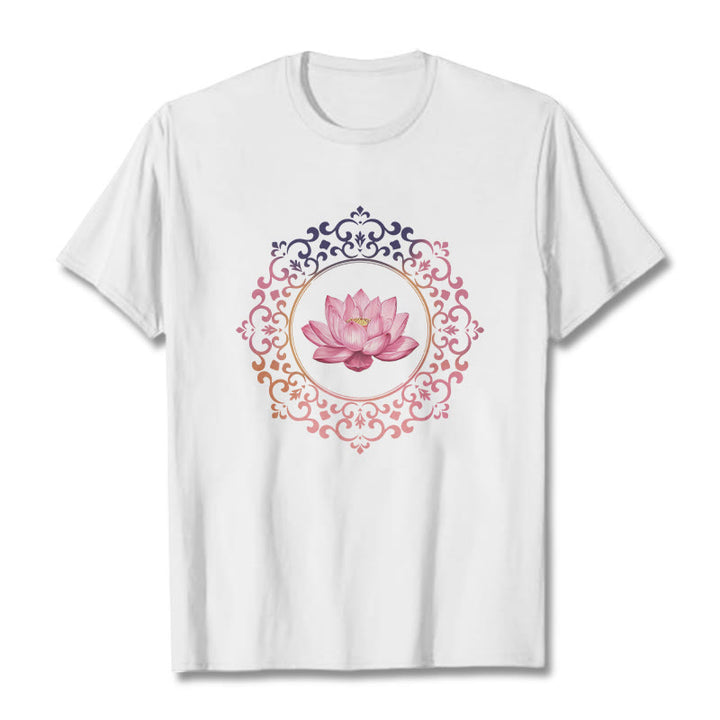 Buddha Stones曼荼羅ピンク蓮柄TシャツコットンTシャツ - 白 - 2XL - image 5
