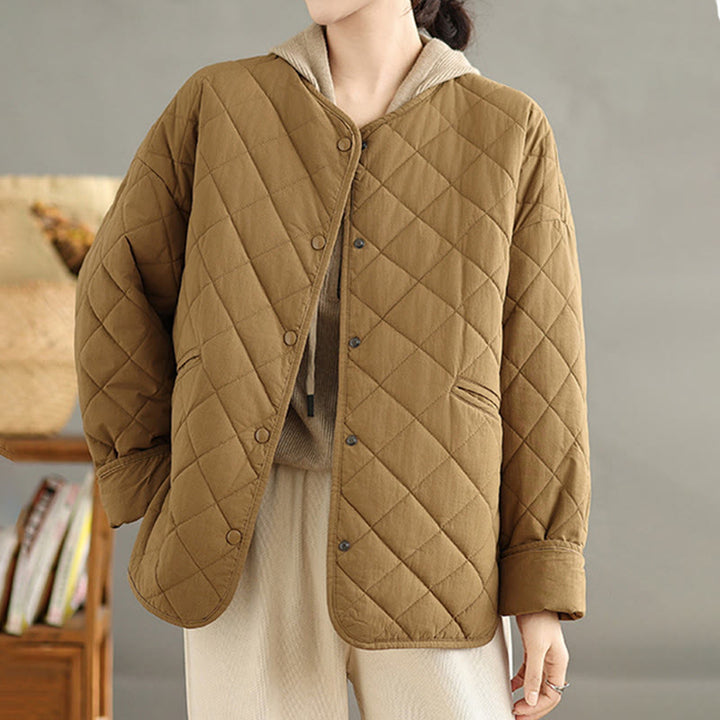 Buddha Stonesレディース ボタンデザイン コットン サーマル ダイヤモンドキルティング 長袖 ジャケット ポケット付き - image 1