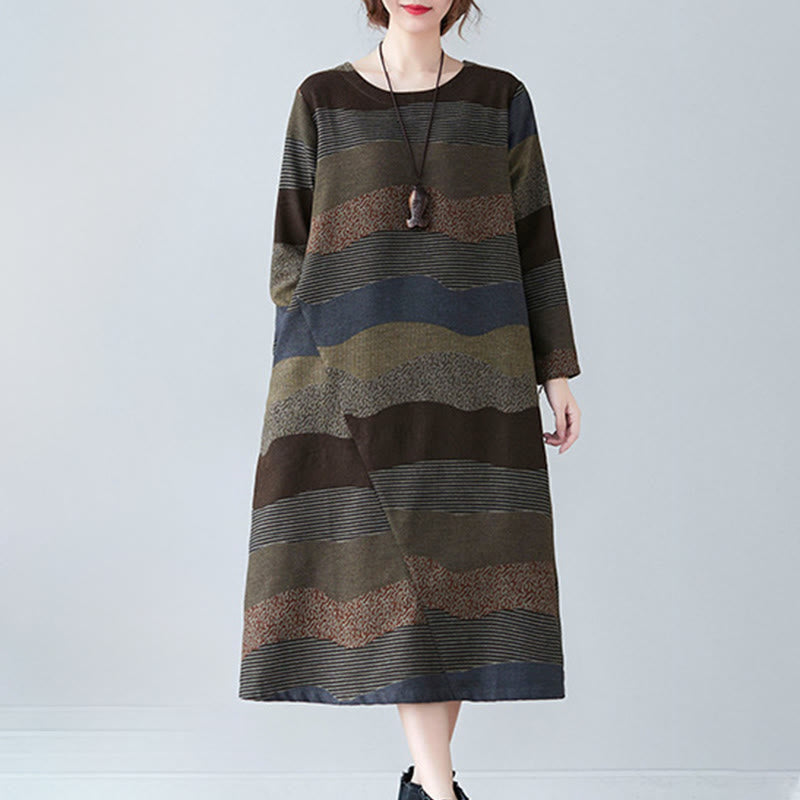Buddha Stonesエスニックプリントストライプ柄長袖コットンリネンミディドレス（ポケット付き） - image 18
