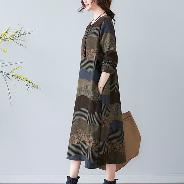Buddha Stonesエスニックプリントストライプ柄長袖コットンリネンミディドレス（ポケット付き） - image 21