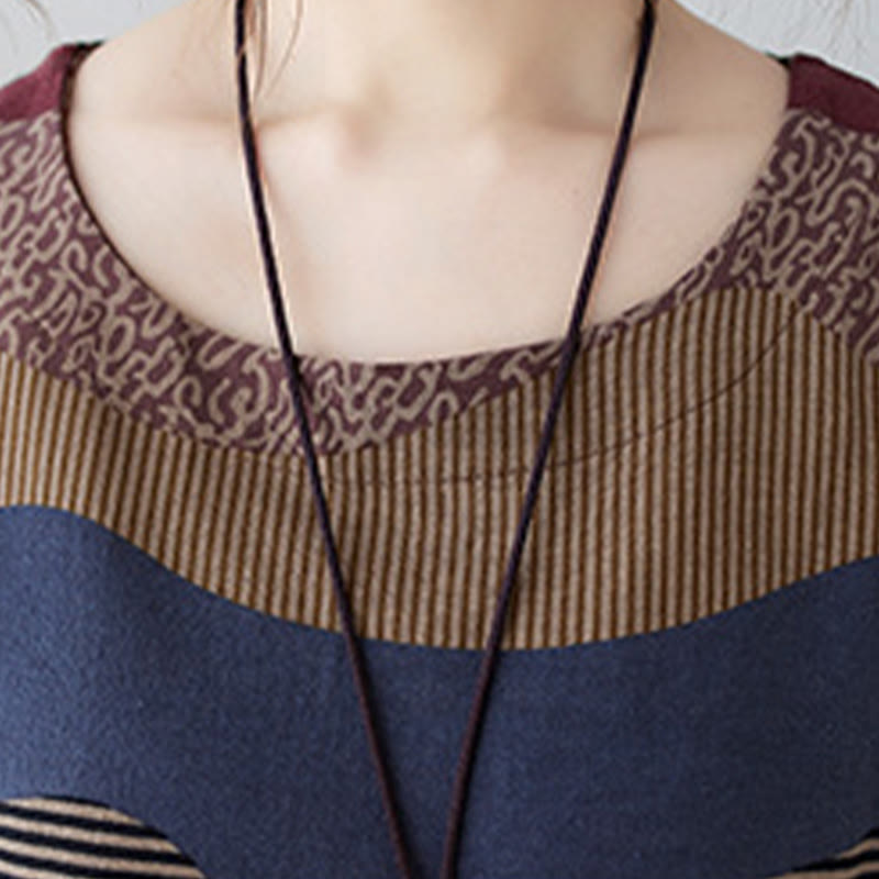 Buddha Stonesエスニックプリントストライプ柄長袖コットンリネンミディドレス（ポケット付き） - image 11