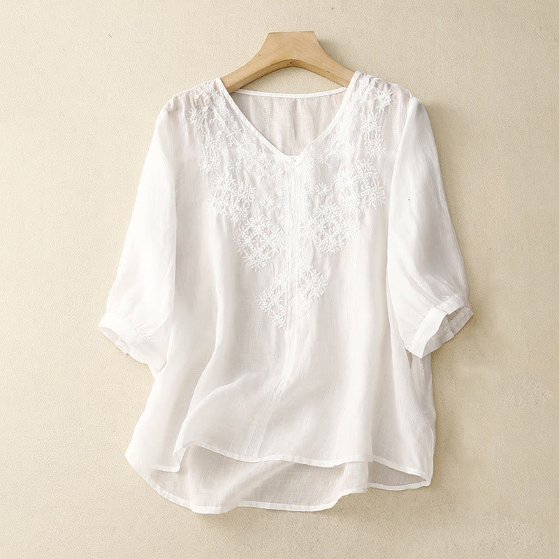 Buddha StonesのVネックライン刺繍入りレディース半袖シャツ - 白 - US12、 UK/AU16、 EU44 (2XL) - image 15