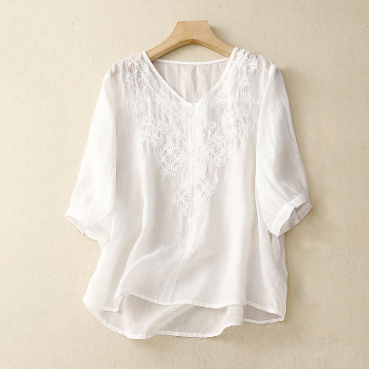 Buddha StonesのVネックライン刺繍入りレディース半袖シャツ - 白 - US12、 UK/AU16、 EU44 (2XL) - image 15