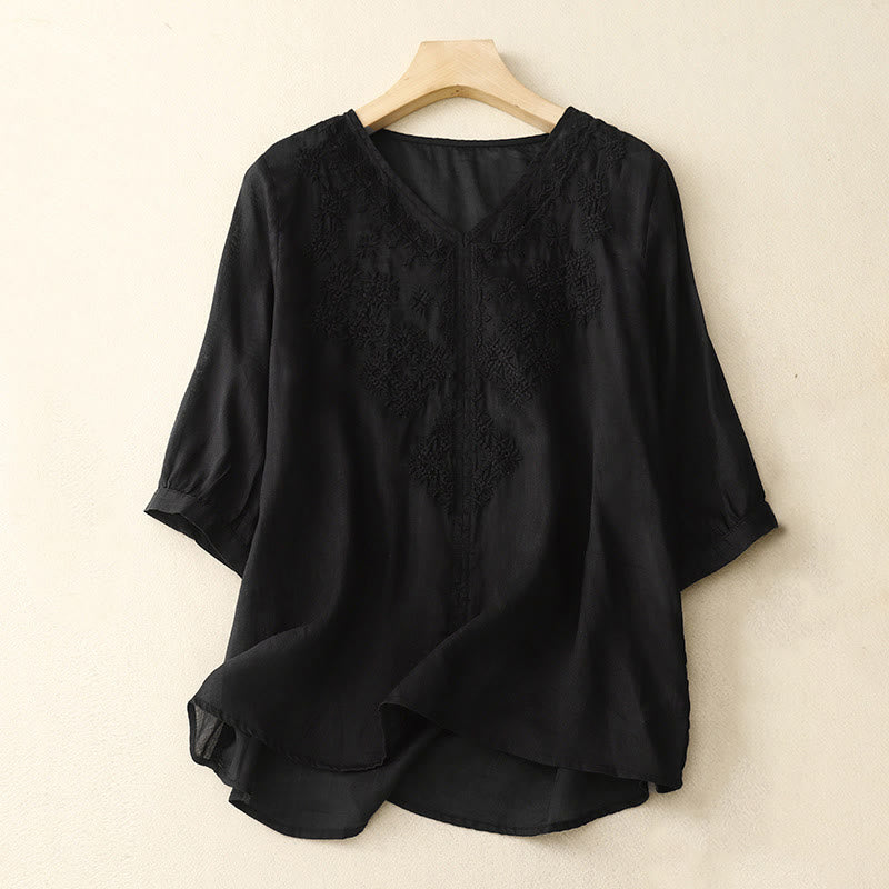 Buddha StonesのVネックライン刺繍入りレディース半袖シャツ - 黒 - US12、 UK/AU16、 EU44 (2XL) - image 11