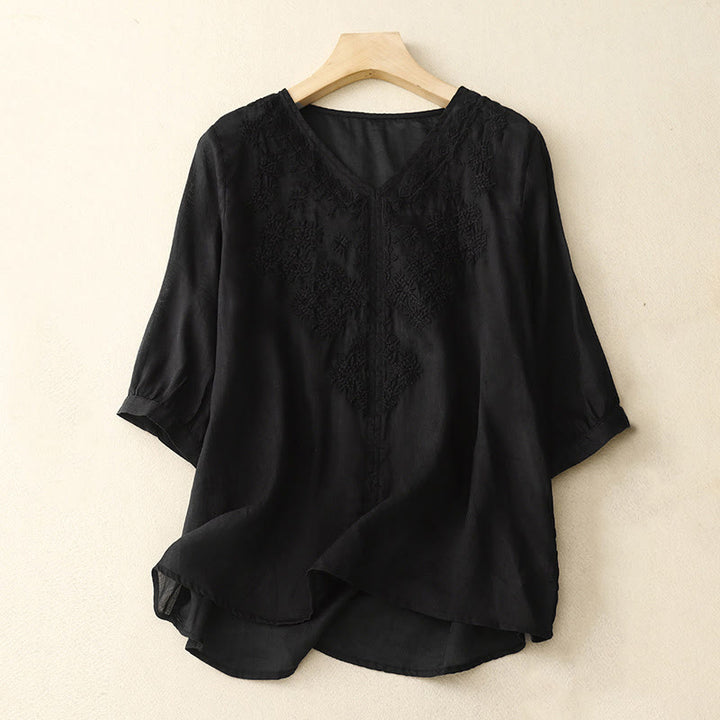 Buddha StonesのVネックライン刺繍入りレディース半袖シャツ - 黒 - US12、 UK/AU16、 EU44 (2XL) - image 11