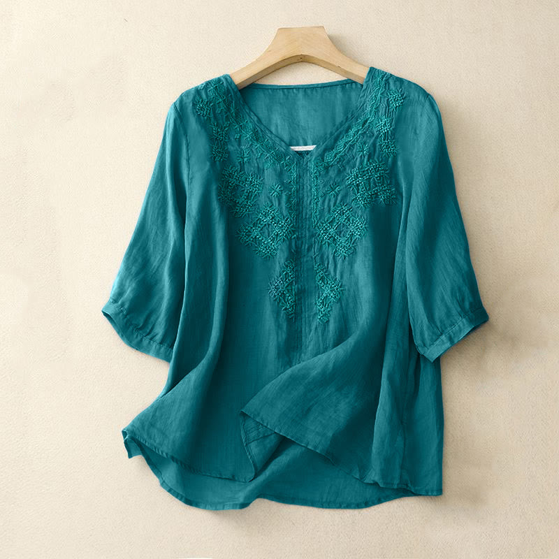 Buddha StonesのVネックライン刺繍入りレディース半袖シャツ - ダークターコイズ - US12、 UK/AU16、 EU44 (2XL) - image 0
