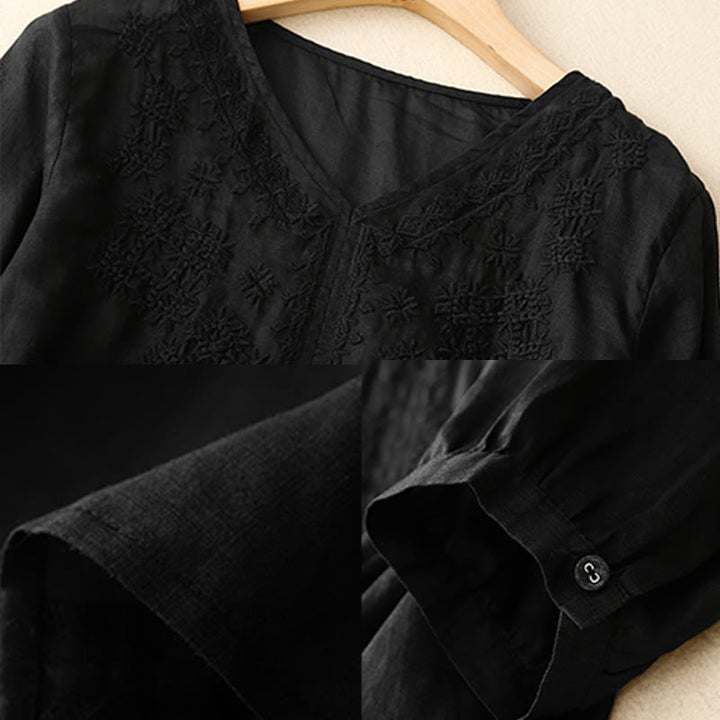Buddha StonesのVネックライン刺繍入りレディース半袖シャツ - image 12