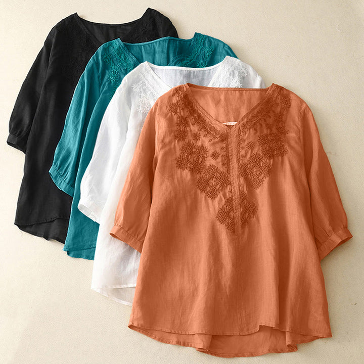 Buddha StonesのVネックライン刺繍入りレディース半袖シャツ - image 19