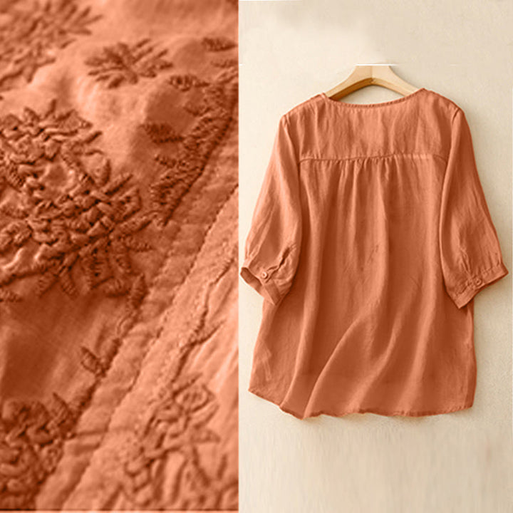 Buddha StonesのVネックライン刺繍入りレディース半袖シャツ - image 9