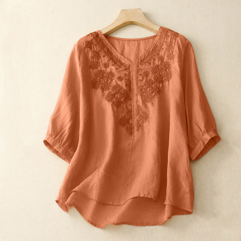 Buddha StonesのVネックライン刺繍入りレディース半袖シャツ - サンディブラウン - US12、 UK/AU16、 EU44 (2XL) - image 5