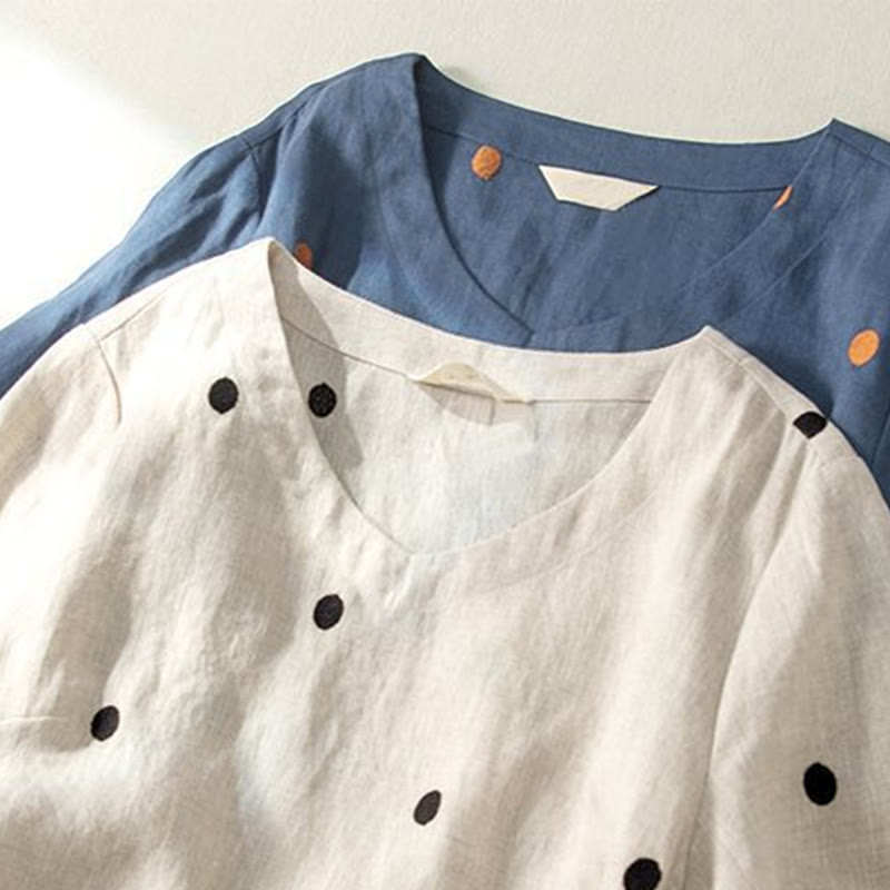 Buddha Stonesカジュアル ドット柄 半袖 レースアップ コットンリネン レディース ミディドレス ポケット付き - image 12