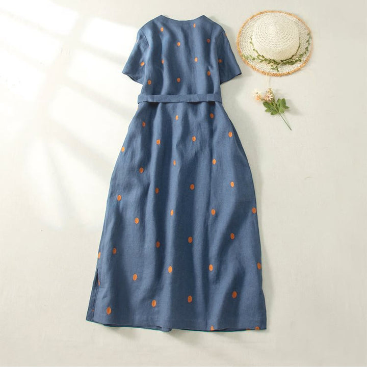 Buddha Stonesカジュアル ドット柄 半袖 レースアップ コットンリネン レディース ミディドレス ポケット付き - image 1