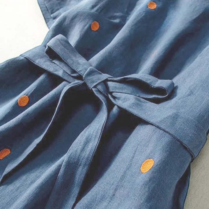 Buddha Stonesカジュアル ドット柄 半袖 レースアップ コットンリネン レディース ミディドレス ポケット付き - image 2