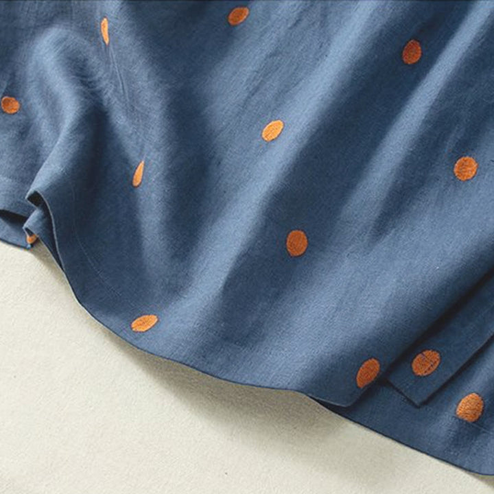 Buddha Stonesカジュアル ドット柄 半袖 レースアップ コットンリネン レディース ミディドレス ポケット付き - image 3