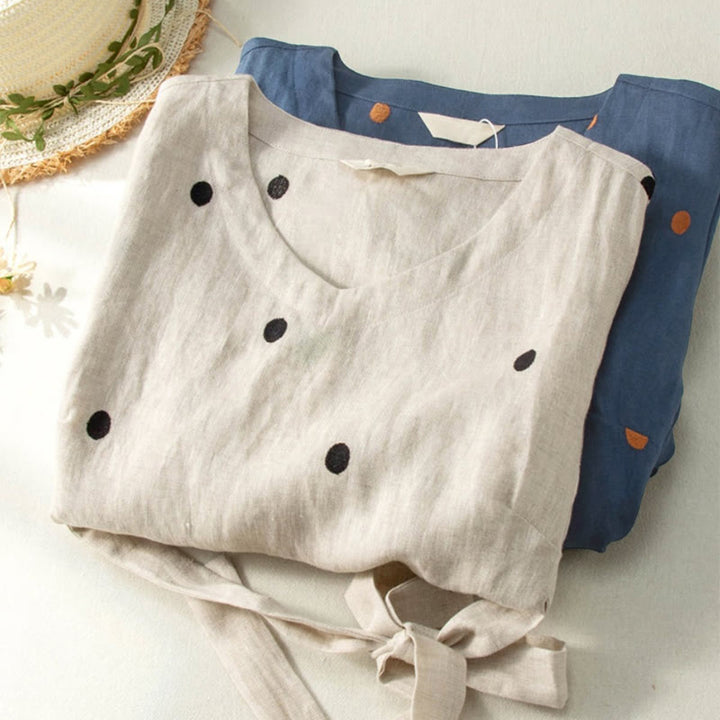 Buddha Stonesカジュアル ドット柄 半袖 レースアップ コットンリネン レディース ミディドレス ポケット付き - image 11