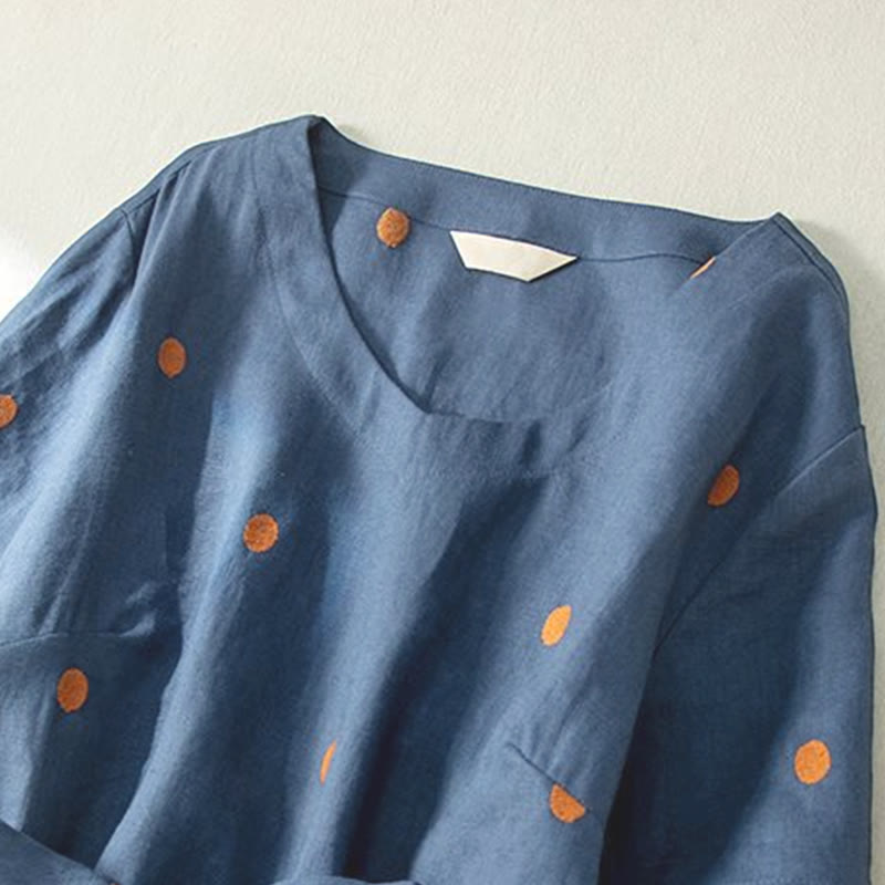 Buddha Stonesカジュアル ドット柄 半袖 レースアップ コットンリネン レディース ミディドレス ポケット付き - image 4