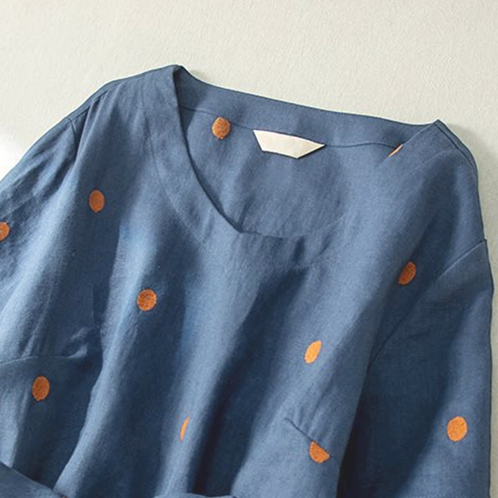 Buddha Stonesカジュアル ドット柄 半袖 レースアップ コットンリネン レディース ミディドレス ポケット付き - image 4