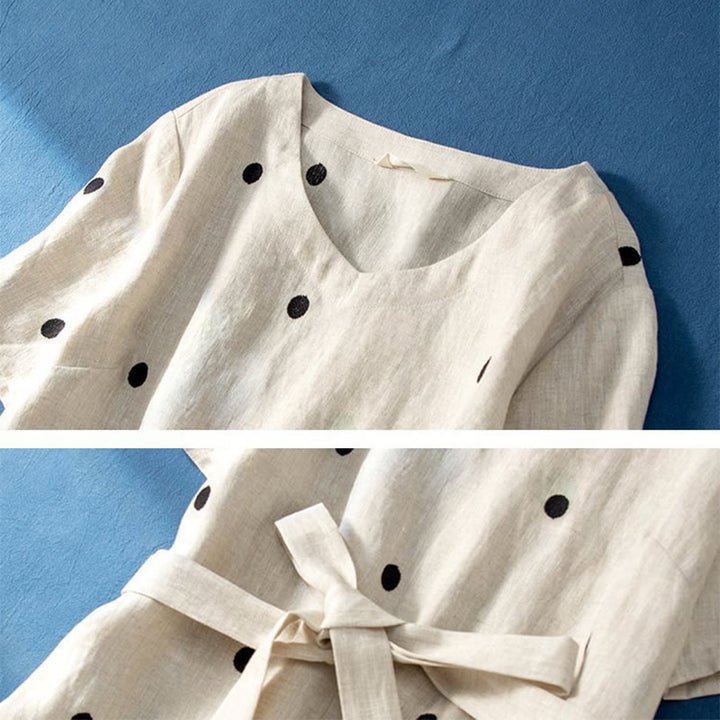 Buddha Stonesカジュアル ドット柄 半袖 レースアップ コットンリネン レディース ミディドレス ポケット付き - image 8