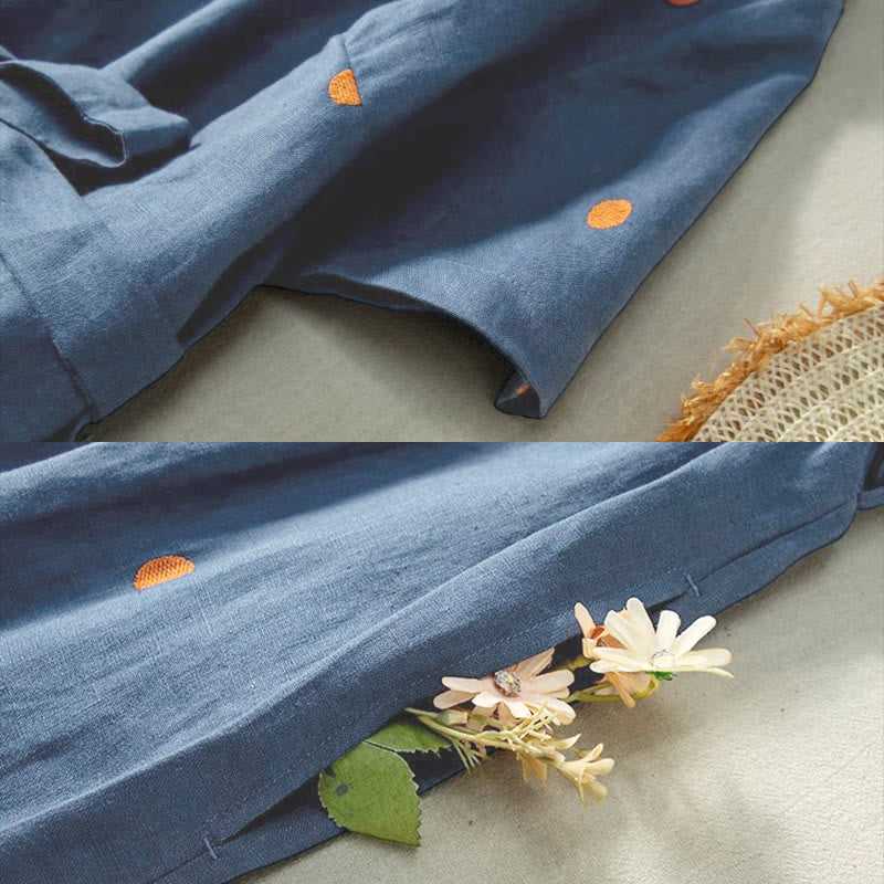 Buddha Stonesカジュアル ドット柄 半袖 レースアップ コットンリネン レディース ミディドレス ポケット付き - image 5