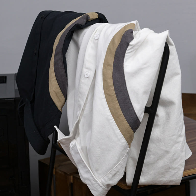 Buddha Stones春カラーコントラスト パッチワークデザイン 長袖 メンズ コットンシャツ 服 - image 14