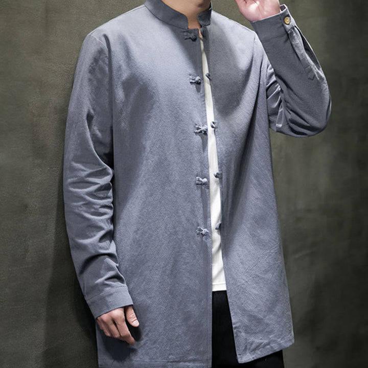 Buddha Stonesシンプル 唐装 無地 中国風 カエルボタン メンズ コットン 長袖 ジャケット シャツ - image 3