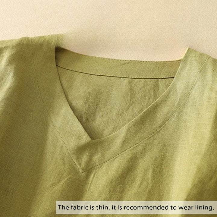 Buddha Stones夏 カジュアル 無地 レディース Vネック デザイン 半袖 コットン Tシャツ - image 1