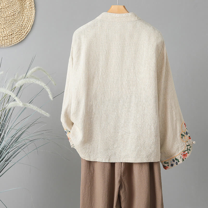 Buddha Stones刺繍花長袖フロッグボタンコットンレディースシャツ - image 1