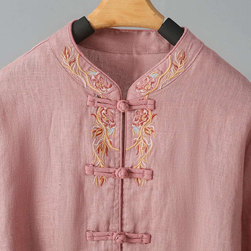 Buddha Stones刺繍花長袖フロッグボタンコットンレディースシャツ - image 11