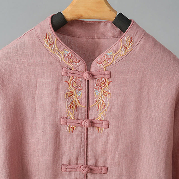 Buddha Stones刺繍花長袖フロッグボタンコットンレディースシャツ - image 11