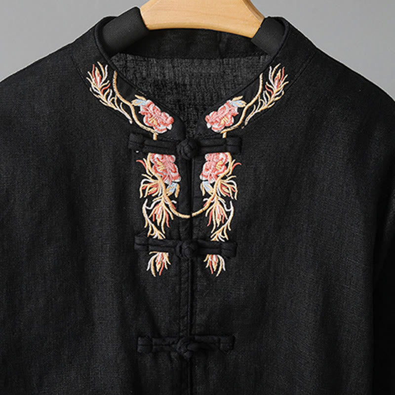 Buddha Stones刺繍花長袖フロッグボタンコットンレディースシャツ - image 24