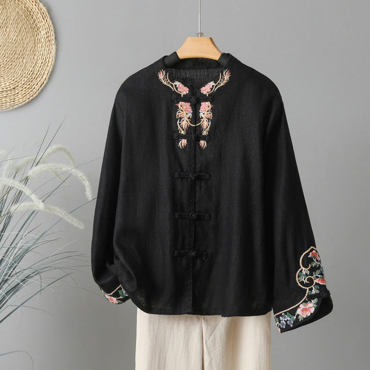 Buddha Stones刺繍花長袖フロッグボタンコットンレディースシャツ - 黒 - US12、 UK/AU16、 EU44 (2XL) - image 18