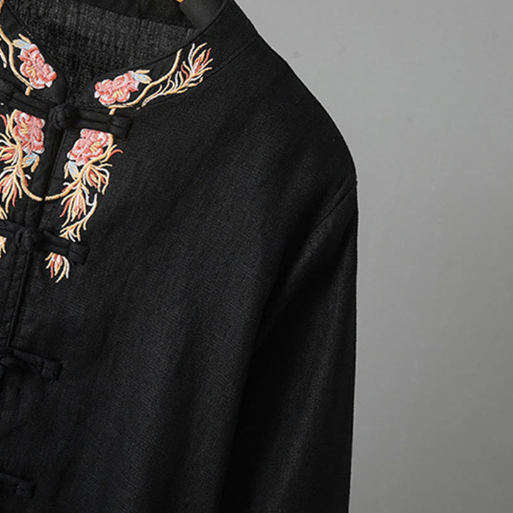 Buddha Stones刺繍花長袖フロッグボタンコットンレディースシャツ - image 20