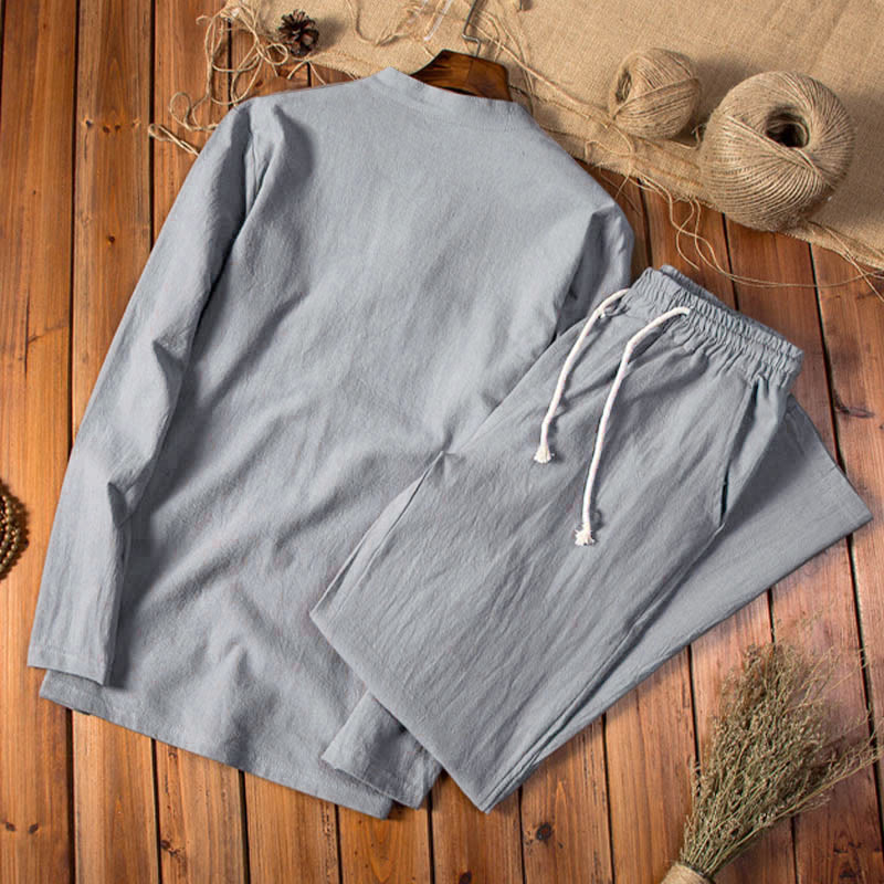 Buddha Stones純色長袖トップスパンツ服メンズセット - image 8