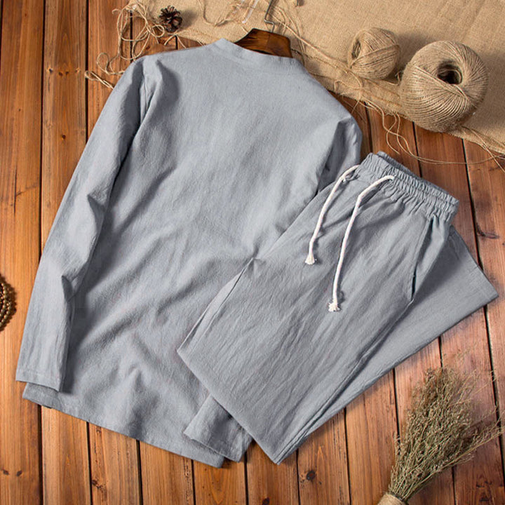 Buddha Stones純色長袖トップスパンツ服メンズセット - image 8