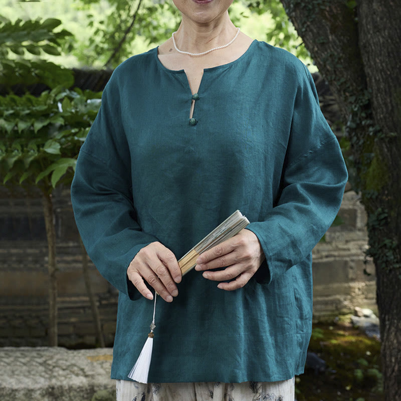 高齢者向けBuddha Stones無地リネン 長袖レディースシャツ - ティール - US14、 UK/AU18、 EU46 (2XL) - image 0