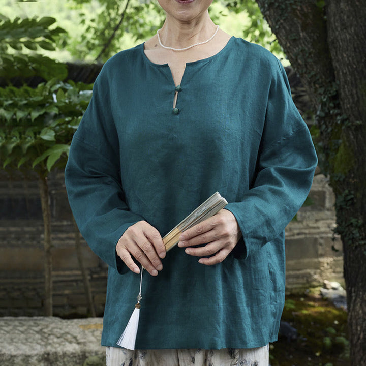 高齢者向けBuddha Stones無地リネン 長袖レディースシャツ - ティール - US14、 UK/AU18、 EU46 (2XL) - image 0