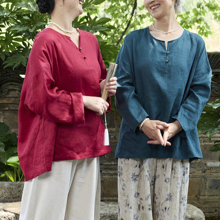 高齢者向けBuddha Stones無地リネン 長袖レディースシャツ - image 28