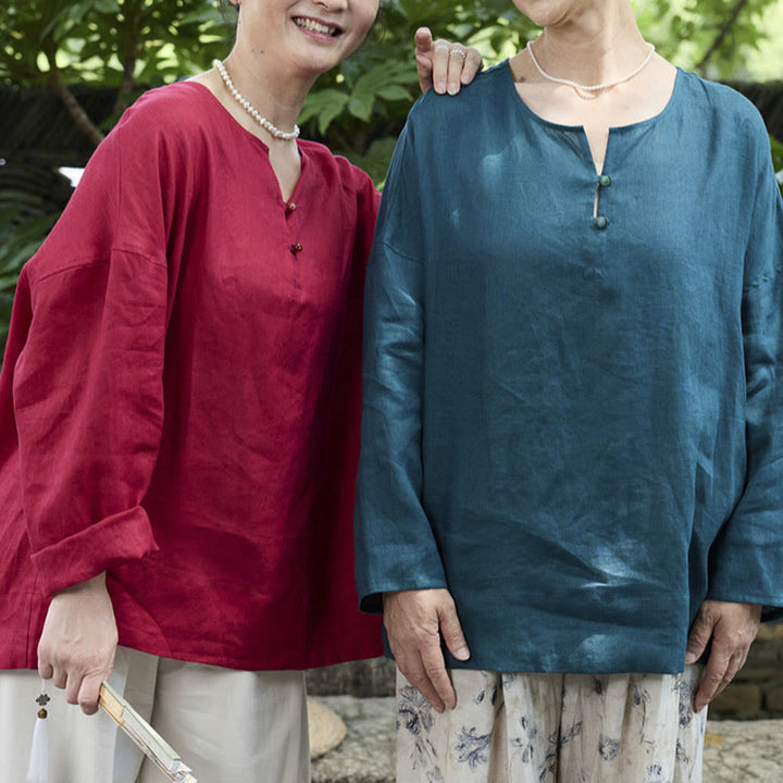 高齢者向けBuddha Stones無地リネン 長袖レディースシャツ - image 27