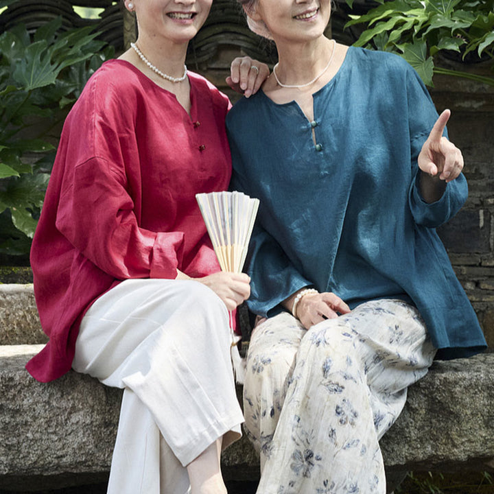 高齢者向けBuddha Stones無地リネン 長袖レディースシャツ - image 26