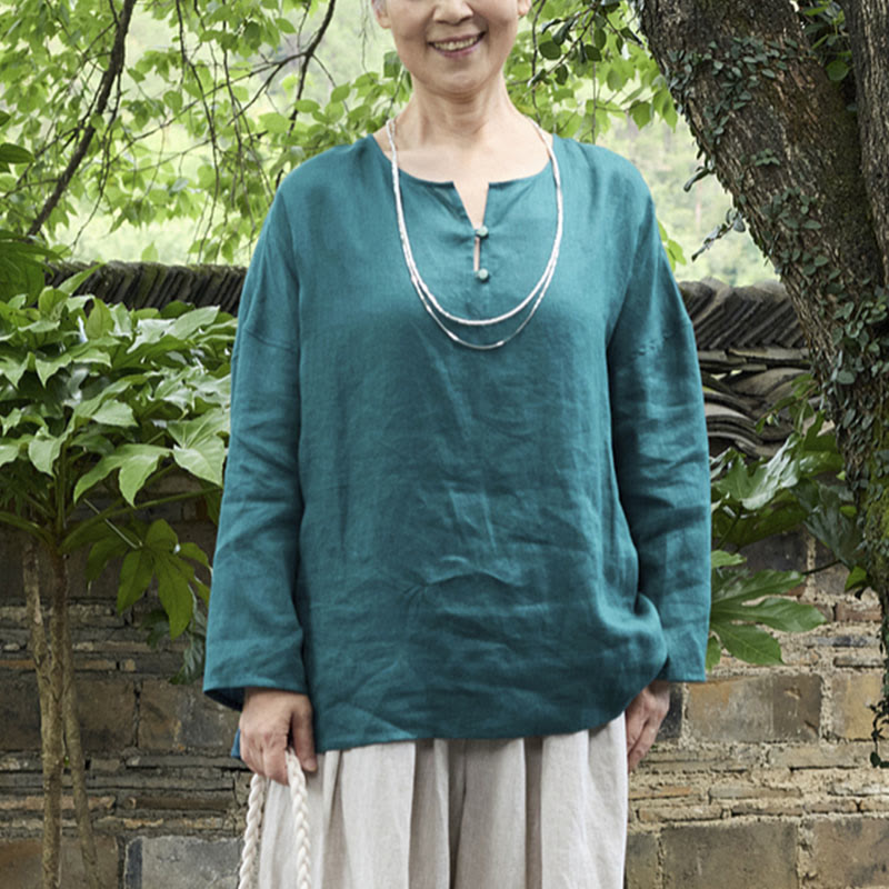 高齢者向けBuddha Stones無地リネン 長袖レディースシャツ - image 1