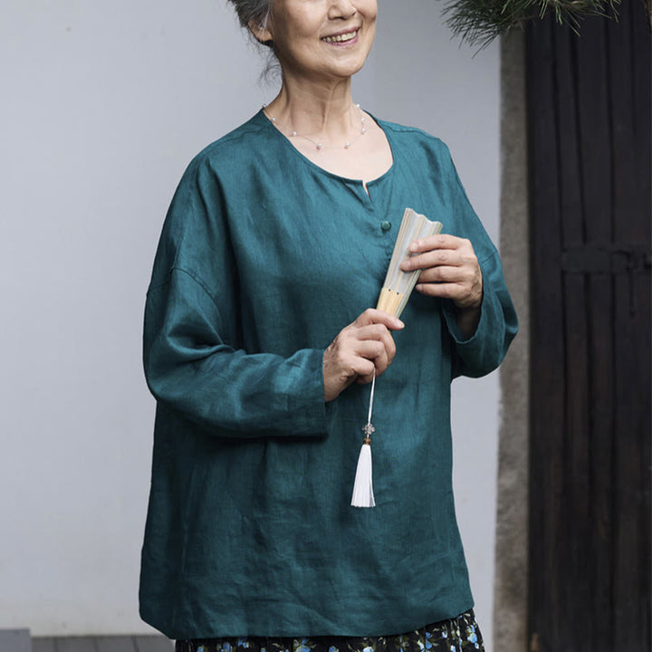 高齢者向けBuddha Stones無地リネン 長袖レディースシャツ - image 5
