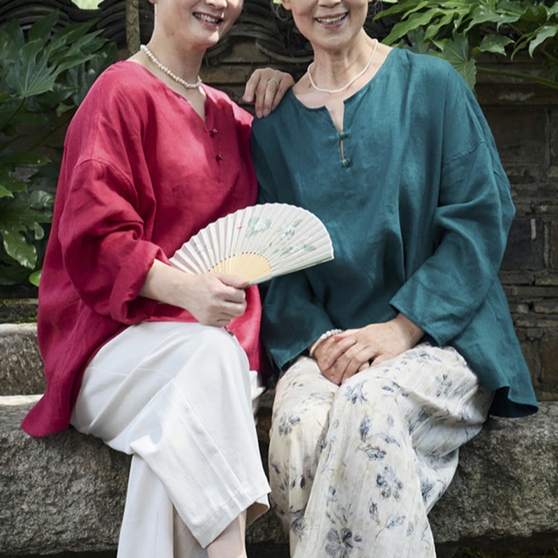 高齢者向けBuddha Stones無地リネン 長袖レディースシャツ - image 31